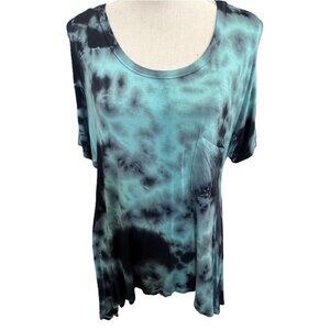 🆕 Eye-catching Black & Turquoise Tie-dyed Micromodal Asymmetric Hem Tee